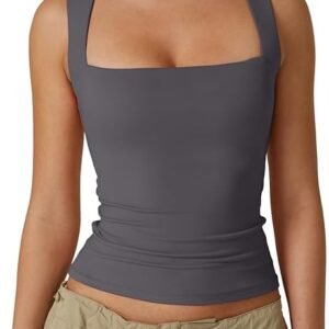 QINSEN tank top, women’s square neck tank top, sleeveless tight t shirt women, double-layer tank top, women’s basic tank top, fitted women’s top, casual layering tank