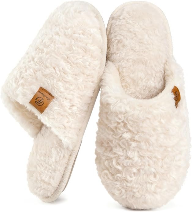 EverFoams Women’s Fuzzy Slip-on Slippers Warm Cozy Soft Lightweight Memory Foam Indoor House Shoes