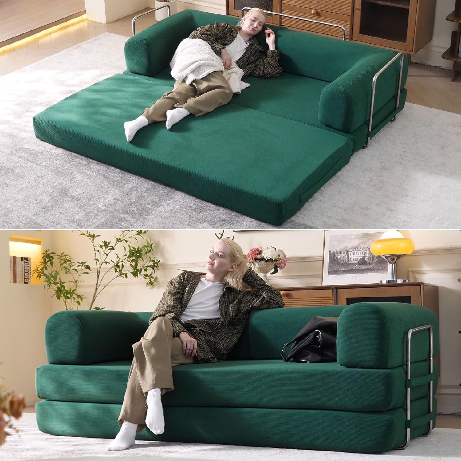 Convertible Sleeper Sofa Bed with Green Cylindrical Pillow