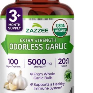 Zazzee USDA Organic Odorless Garlic 20:1 Extract, 5000 mg Strength, 100 Vegan Capsules, 3+ Month Supply, Standardized, Concentrated 20X Extract, 100% Vegetarian, All-Natural, Non-GMO, Made in The USA